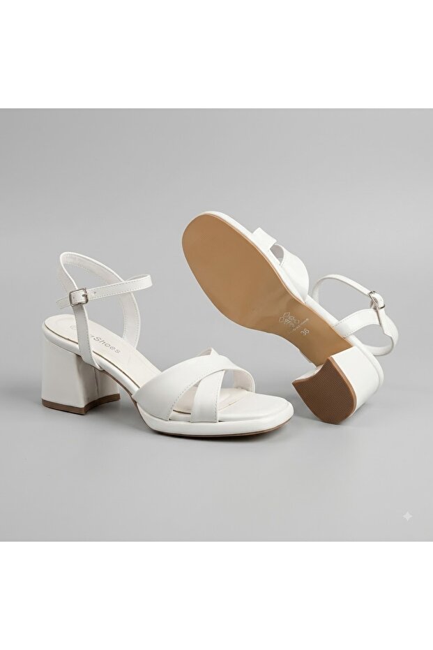 Buckle-Strapped Thick Heeled Day & Night Women's Shoes White