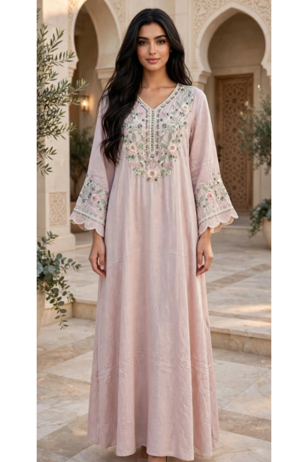 Floral Embroidered V Neck Jalabiya with Scalloped Cuffs