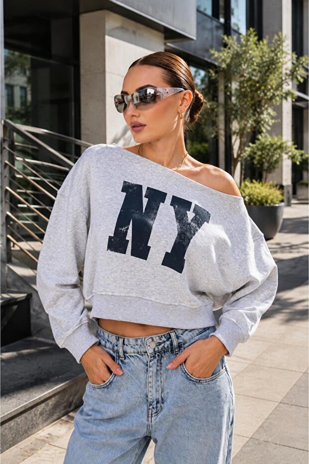 Women's Printed Stone Detailed Boat Neck Sweatshirt 265141 -