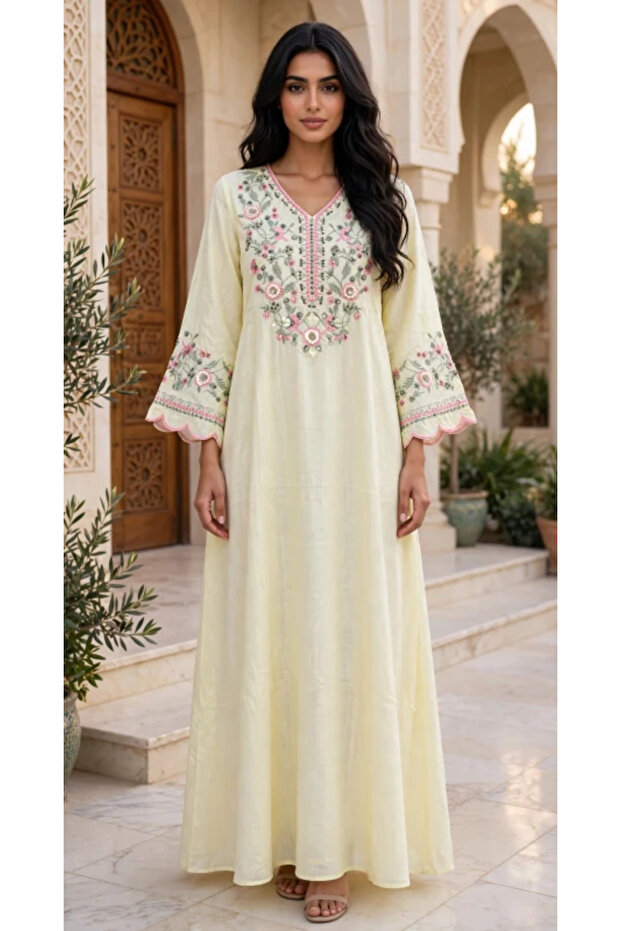 Floral Embroidered V Neck Jalabiya with Scalloped Cuffs