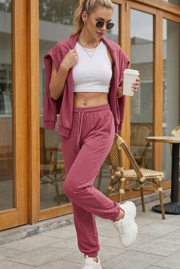 Women's Pink Modal Flowy Cut Soft Textured Sweatpants with Elastic Waist and Cuffs