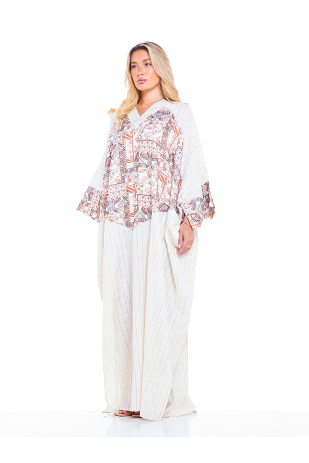 Beige Patchwork Print A-Line Maxi Kaftan Dress