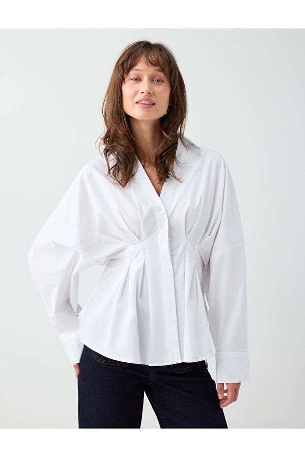 White Pleated Detailed Long Sleeve Poplin Shirt