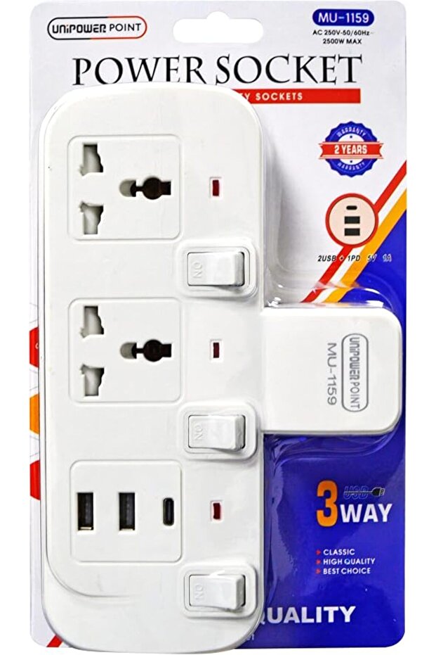 مقابس تمديد متعددة الاستخدامات 5 في 1 مع قابس عالمي ثنائي الاتجاه، ومنفذين USB و1 منفذ من النوع C، موسع للحائط.