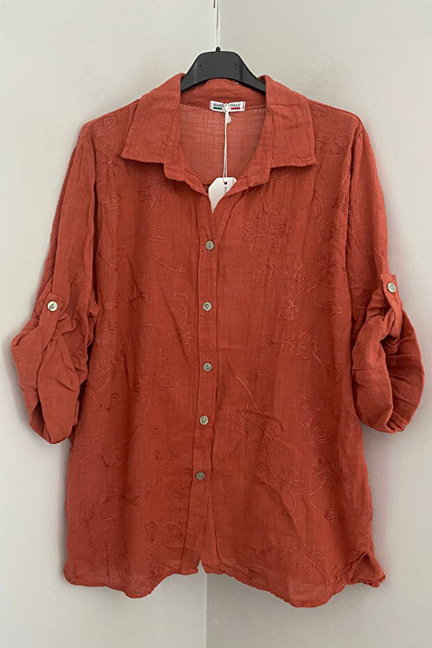 Women's Italian Ivy Leaf Embossed Patterned Foldable 3/4 Sleeve 100% Cotton Shirt Blouse