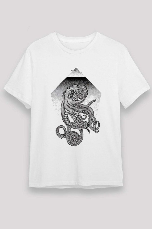 Octopus Unisex Printed White T-Shirt - Tshirt