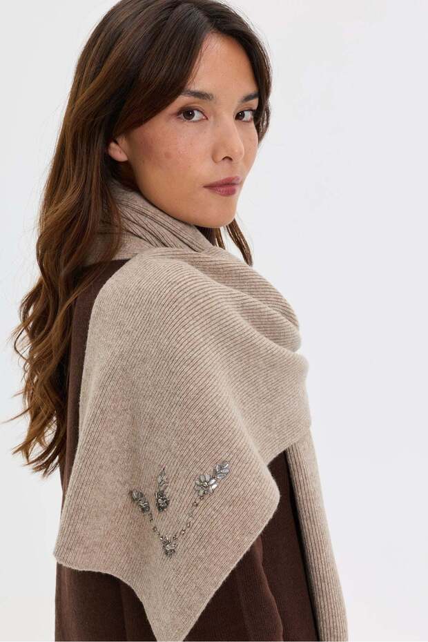 Women's Stoned Embroidered Wool Kaşkol K.Bej