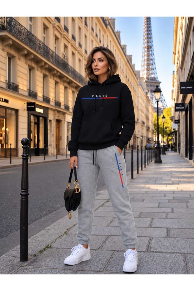 Hooded Tracksuit 2-Piece Seasonal Combination Striped Paris Printed Men-Women Unisex
