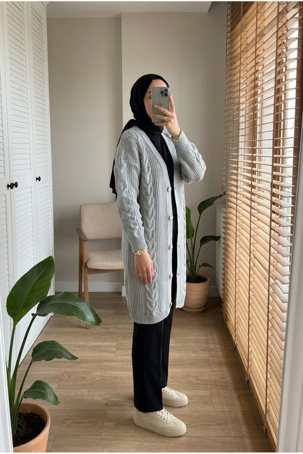 Women's Twisted Knit Detailed Buttoned Long Knitwear Cardigan Hijab