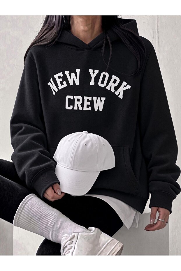 Sw Unisex Oversize "New York Crew" Printed Hooded Kangaroo Pocket Sweatshirt