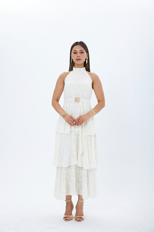 Halter Necklace Belted Chiffon Crepe