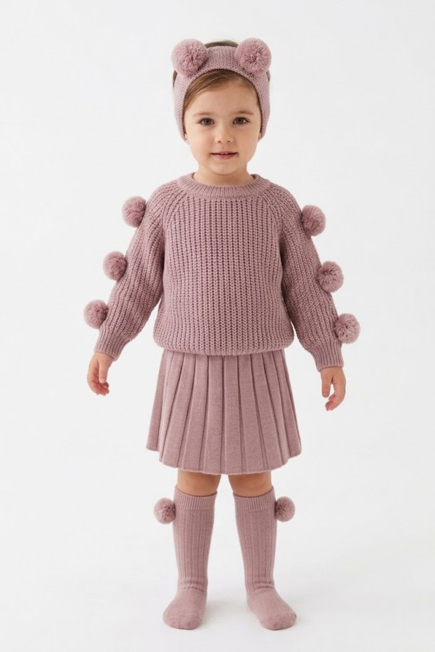 Baby Girl Pompom Detailed Seamless 4-Piece Knitwear Set - Sweater, Pleated Skirt, Headband and Socks