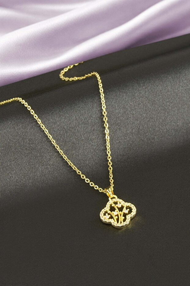 Flower Zircon Stone Steel Necklace