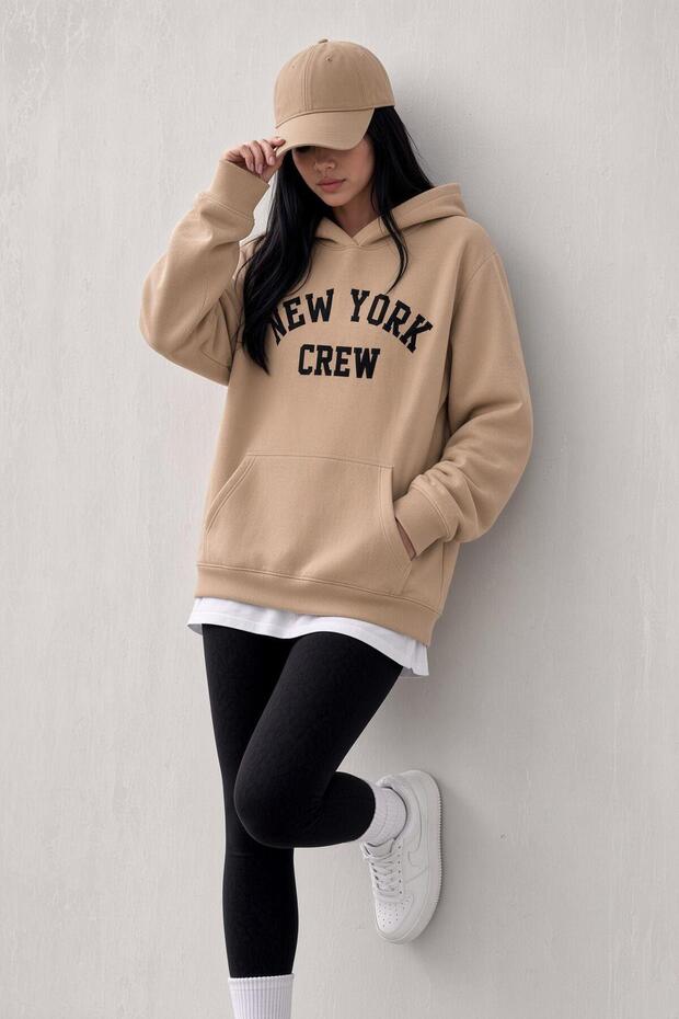 Sw Unisex Oversize "New York Crew" Printed Hooded Kangaroo Pocket Sweatshirt