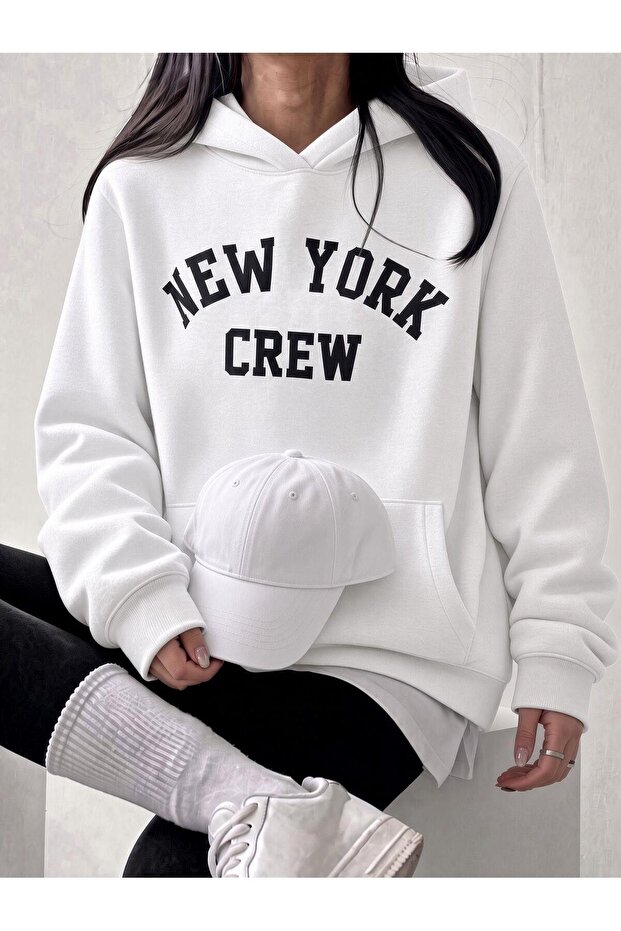 Sw Unisex Oversize "New York Crew" Printed Hooded Kangaroo Pocket Sweatshirt