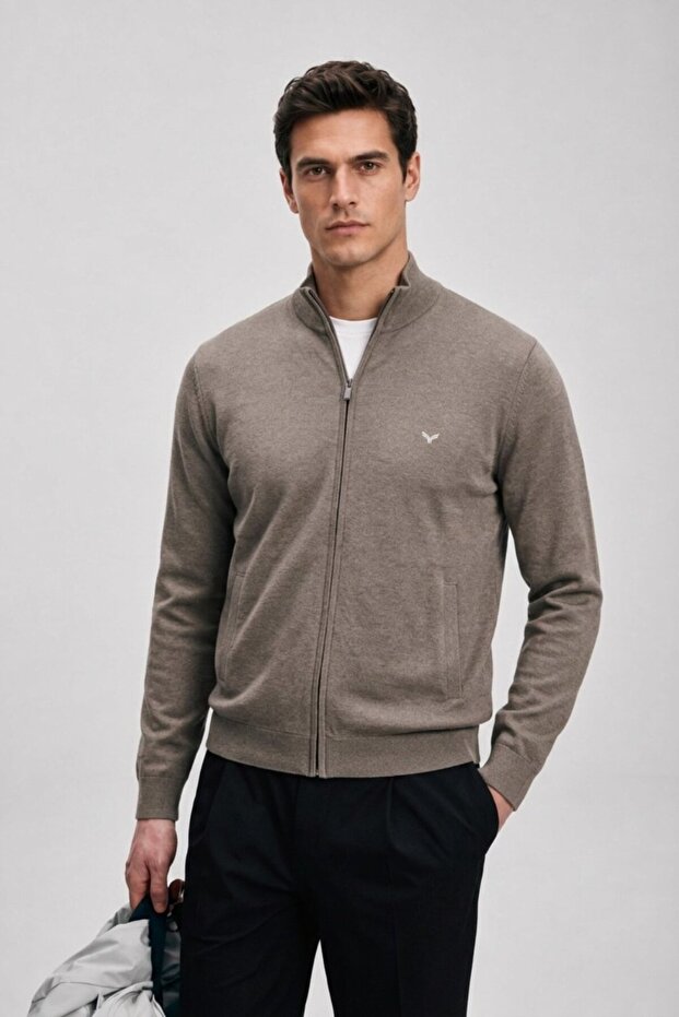 Men's Regular Fit Mink Winter Cardigan with Zipper Pockets