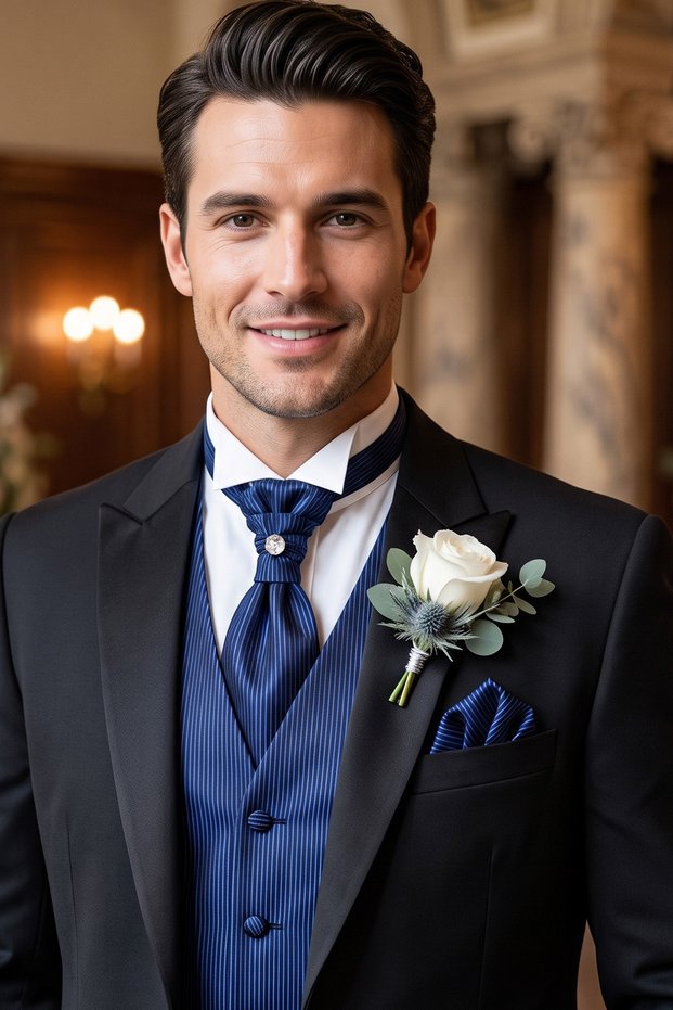 Blue Striped Satin Woven Custom Stone Tie Pocket Square Vest Set on Black Groom's Tuxedo Inside