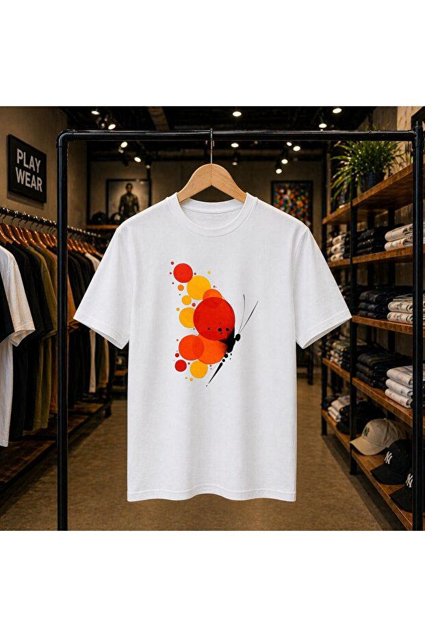 Butterfly Round Printed 100% Cotton Oversize Loose Regular Fit Crew Neck T-Shirt