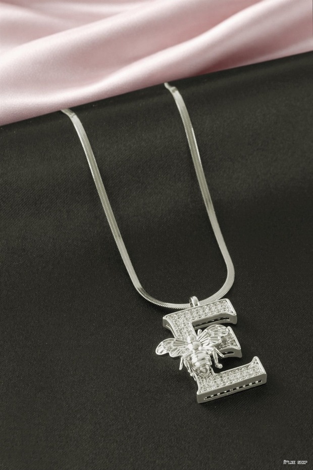 Ilkestor Bee Zircon Stone Silver Color Lettered (202921) Steel Necklace