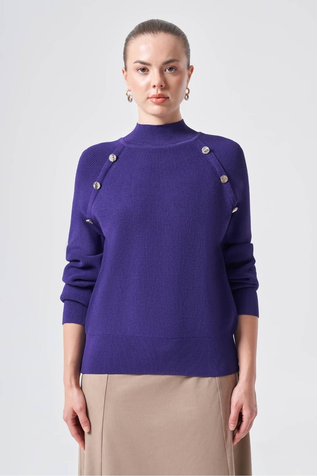 201 Button Detail Half Fisher Knit Tunic Purple