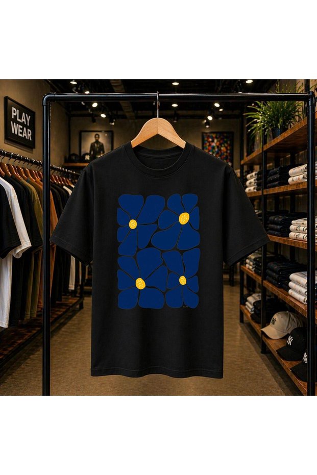 Blue Medium Yellow Printed 100% Cotton Oversize Loose Regular Fit Crew Neck T-Shirt