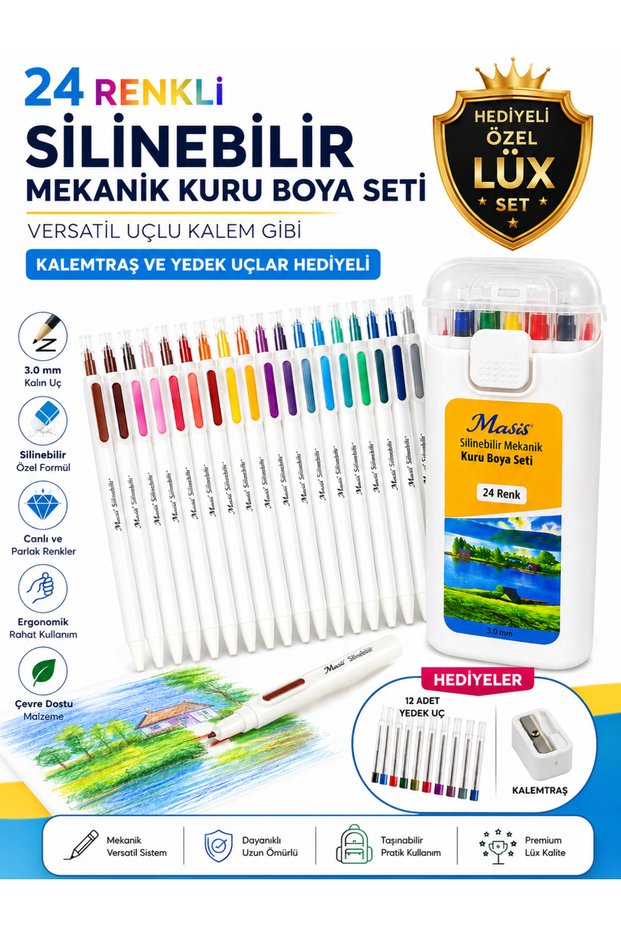 24 Colors Erasable Mechanical Dry Paint Pencil Set 3 mm Versatil Paint Pencil 24-Piece Spare Tip Sharpener Gift