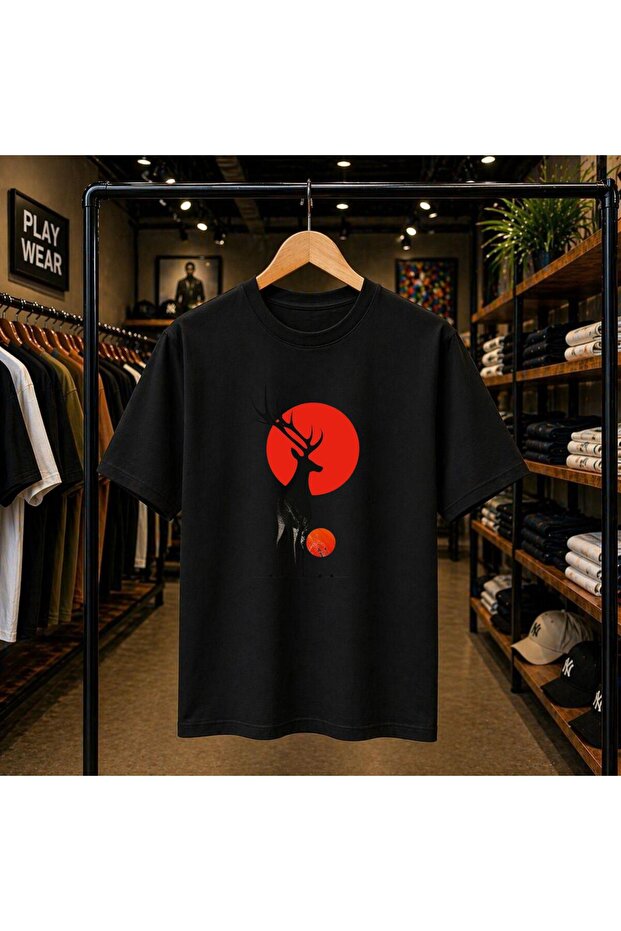 Deer Printed 100% Cotton Oversize Loose Regular Fit Crew Neck T-Shirt