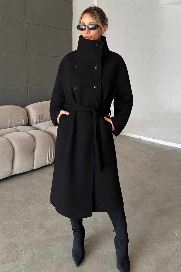 Women's Long Cashmere Coat – Belted, High Collar, and Buttoned