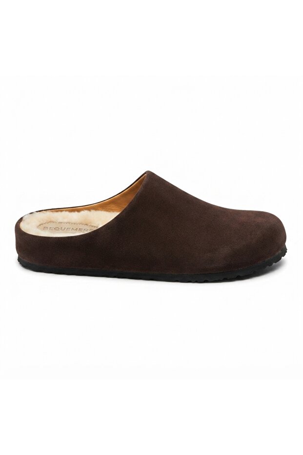 Mw410 Brown Genuine Suede Leather with Real Wool Inside Winter Full Coverage Cork Sole Unisex Orthopedic Sabo Slippers