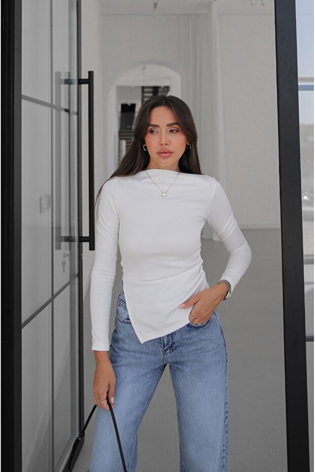 Ecru Side Gathered Asymmetrical Blouse