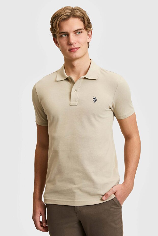 Mens Slim Fit Beige Basic Polo T-Shirt