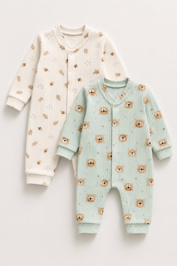 2Pcs Baby Long Sleeve Snap Rompers Ribbed Cotton Patterned Unisex Newborn Girls Boys Baby Sleeping Suits Daily Wear Soft Cozy Romper Set