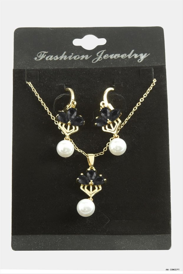 CONCEPTA Flower Pearl and Zircon Stone Set (165445) Necklace, Black