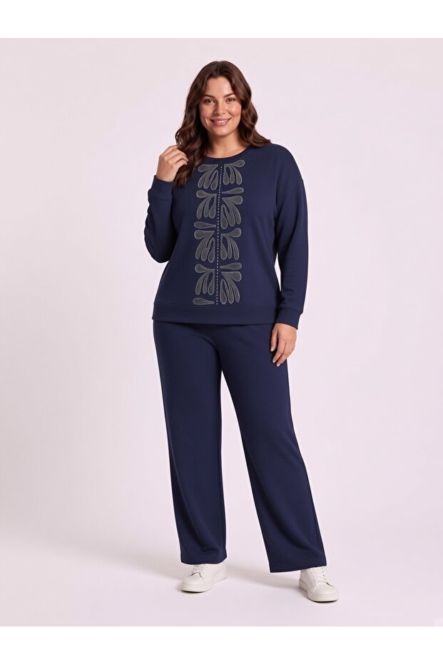 Plus Size Lycra Modal Fabric Suit with Pockets, Slits and Stone Details