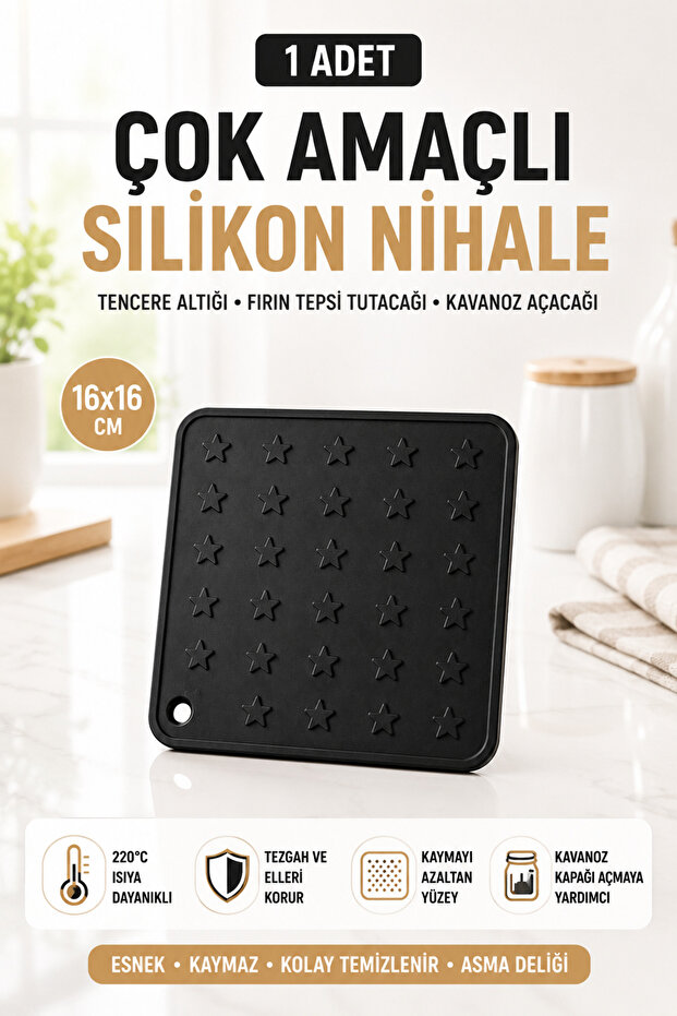 Black Silicone Trivet 16X16Cm Multi-Purpose Pot Pan Coaster Oven Tray Holder Jar Opener Home