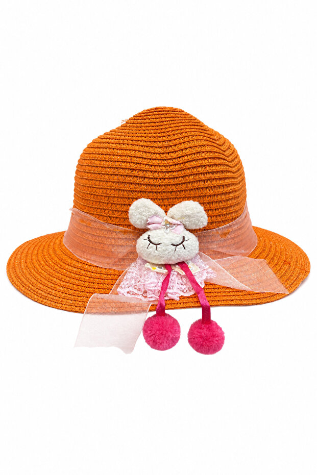 Straw Beach and Sun Hat with Cute Rabbit Figure for Kids Orange Pink
