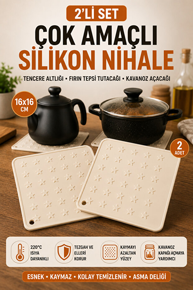 Set of 2 Cream Silicone Trivets 16X16 cm Multi-Purpose Pot Pan Coaster Oven Tray Holder Jar Opener Home