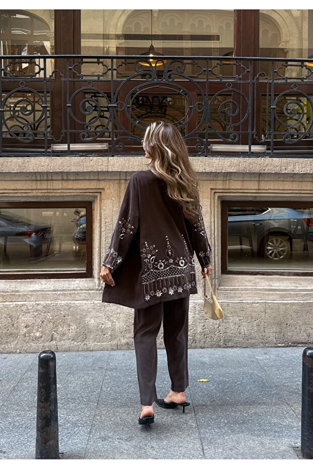 Women's Kimono Pants Set with Bead Embroidery on the Back and Tansel Tiril Fabric