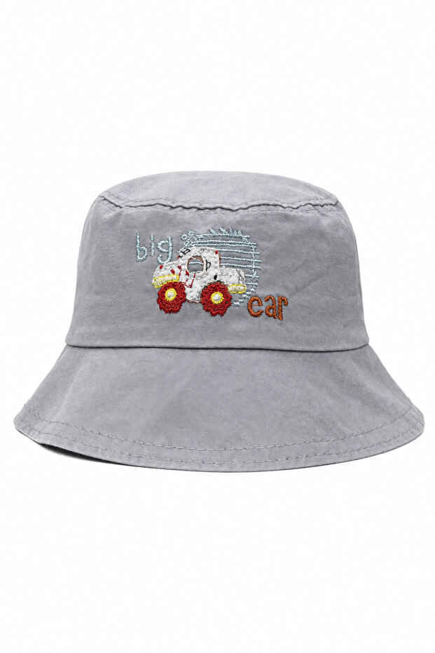 Gray Bucket Hat with Embroidered Car Pattern for Kids - Summer and Sun Protection