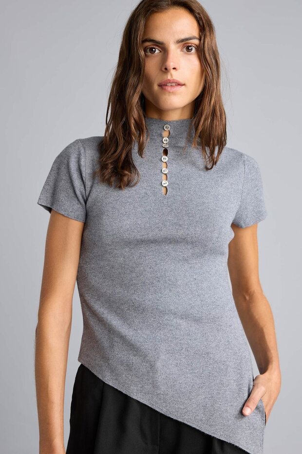 Fitted Short Sleeve Button Detailed Asymmetrical Half Turtleneck Basic Sweater I5005Ax26Au