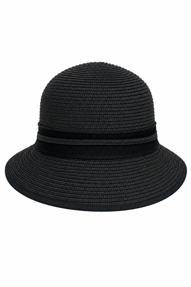 Black Straw Weave Bucket Hat Summer Beach and Sun Protection Women's Hat