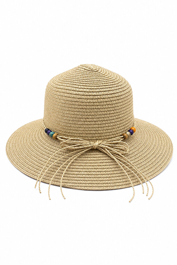 Straw Beach Hat Wide Brim Bowknot and Colorful Bead Detail Summer Sun Hat