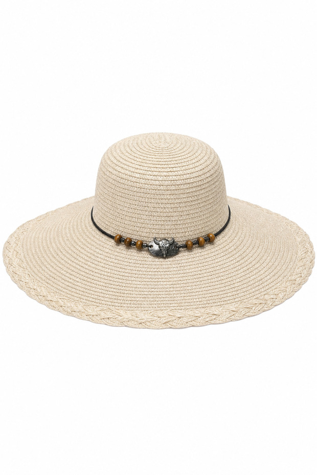 Women's Straw Wide Brim Summer Beach Hat with Bull Head Detail