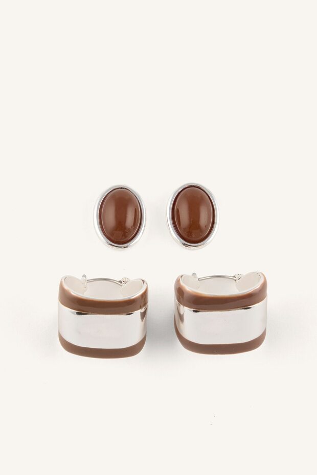 Women's Oval and Thick Hoop Shaped 2-Piece Earring Set I7118Axns