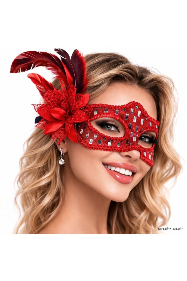Spt-Gld Red Feathered Ball Mask for Women (22916) Party Accessory
