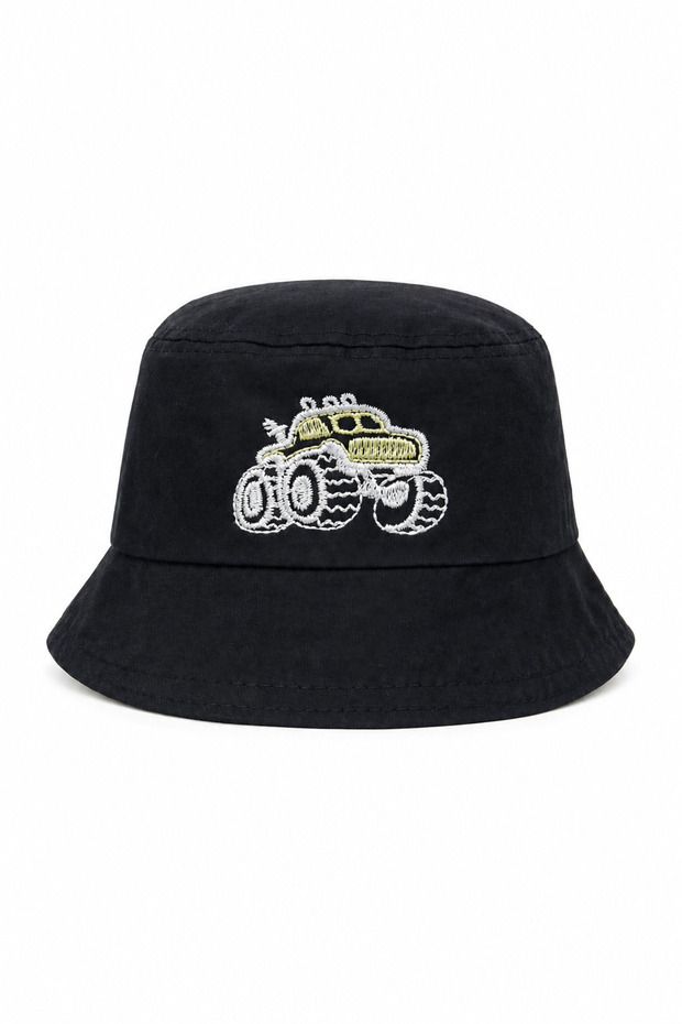 Black Embroidered Monster Truck Patterned Children's Bucket Hat Summer Sunscreen