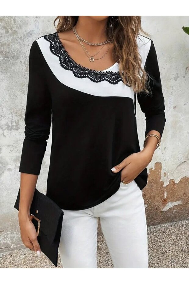 Women's Long Sleeve Round Neck Double Color Lace Detailed Viscose Blouse