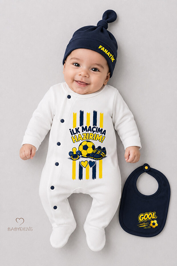 Baby 3-Piece Romper Set Yellow Navy Blue Fan Themed "I'M Ready for My First Match" Printed Newborn Romper Beanie Bib 100% Cotton