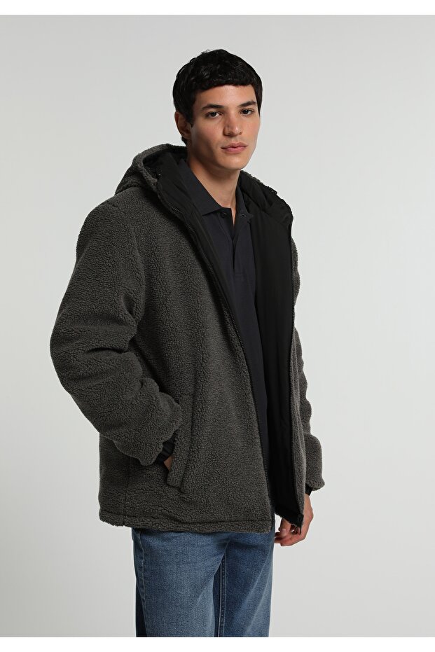 Double-Sided Outer Side Teddy Regular Fit Hooded Zippered Lined Men's Anthracite Coat