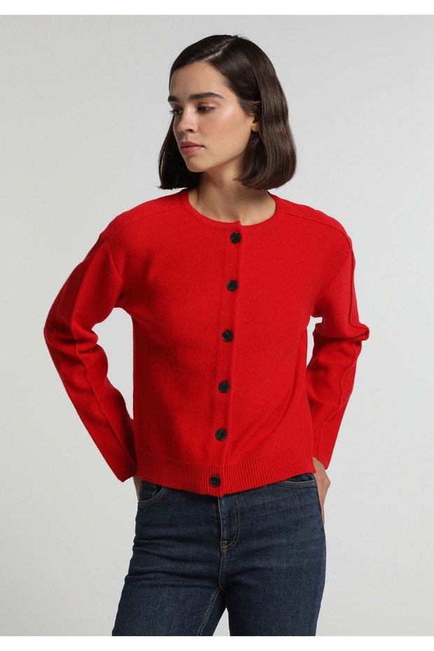 Regular Fit Round Neck Plain Women's Red Cardigan